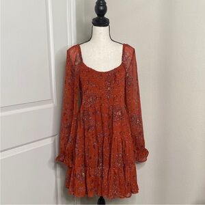 Patrons of Peace “Weaver” Dark Terracotta/Rust Floral Long Sleeve Dress